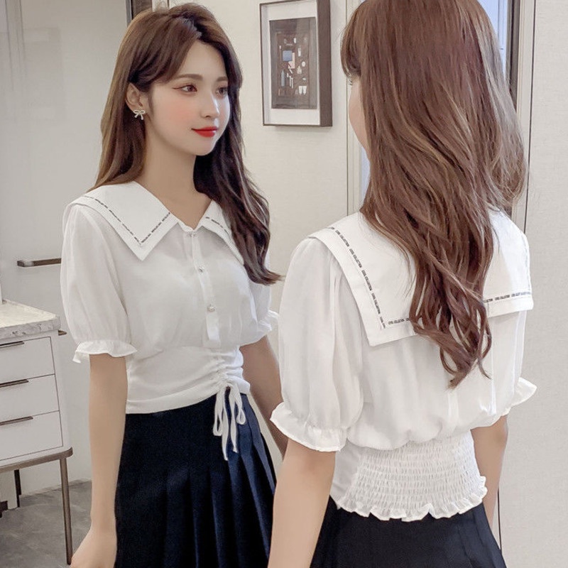 Áo Sơ Mi Tay Ngắn Thời Trang Cá Tính 154785 Áo Cardigan Cổ Búp Bê Dáng Ôm Ngắn Phối Dây Rút Thiết Kế Đơn Giản Cá Tính