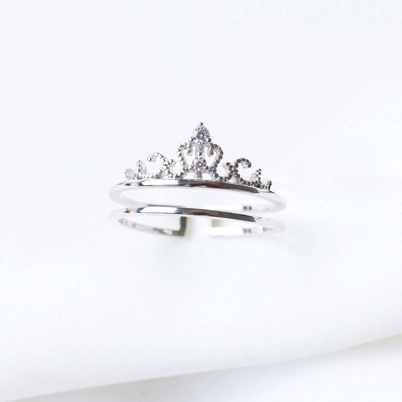 Ahellogirl Nhẫn Pha Lê Vương Miện 2Pcs In One Charm Crystal Crown Zircon Silver Wedding Ring Women Jewelry