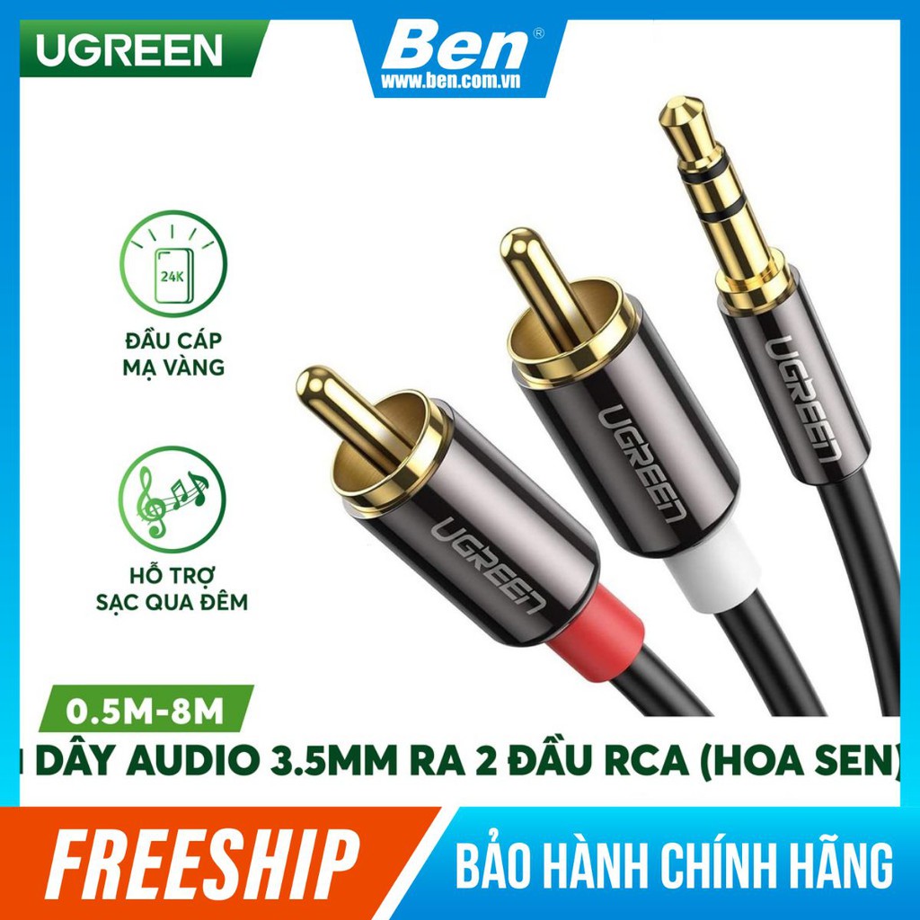 Dây Audio 3.5mm ra 2 đầu RCA Hoa sen UGREEN AV116 Hãng Phân Phối Chính Thức