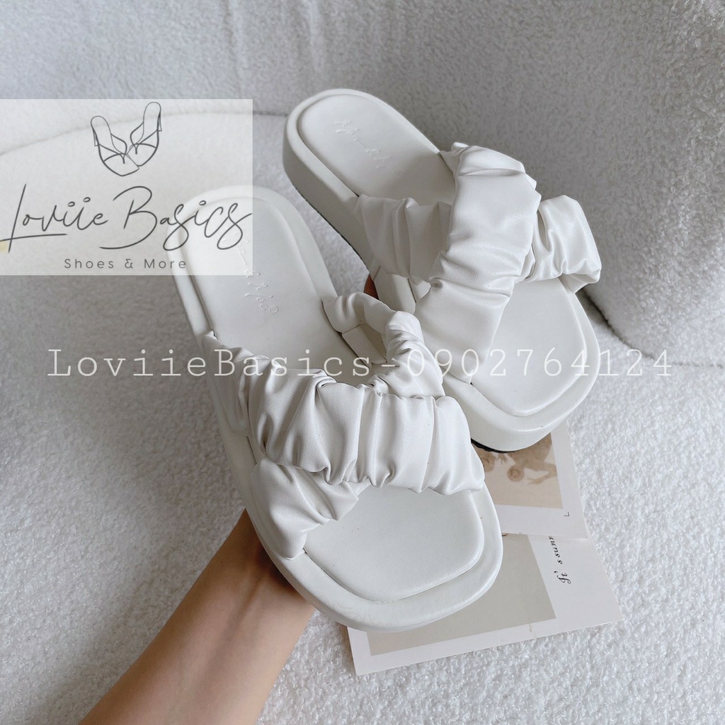 DÉP NỮ CAO CẤP LOVIIE BASICS - DÉP LÊ QUAI CHÉO NHÚM BÈO ĐẾ THẤP - GIÀY NỮ ĐẾ BẰNG QUAI THUN MŨI TRÒN 2P D200574 D220420
