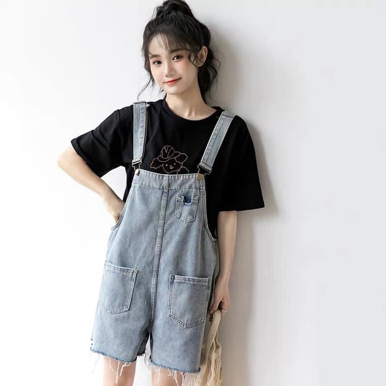 Yếm quần jean nữ dáng ngắn ống rộng unisex oversize chất bò dày dặn màu xanh nhạt phong cách ulzzang hàn quốc