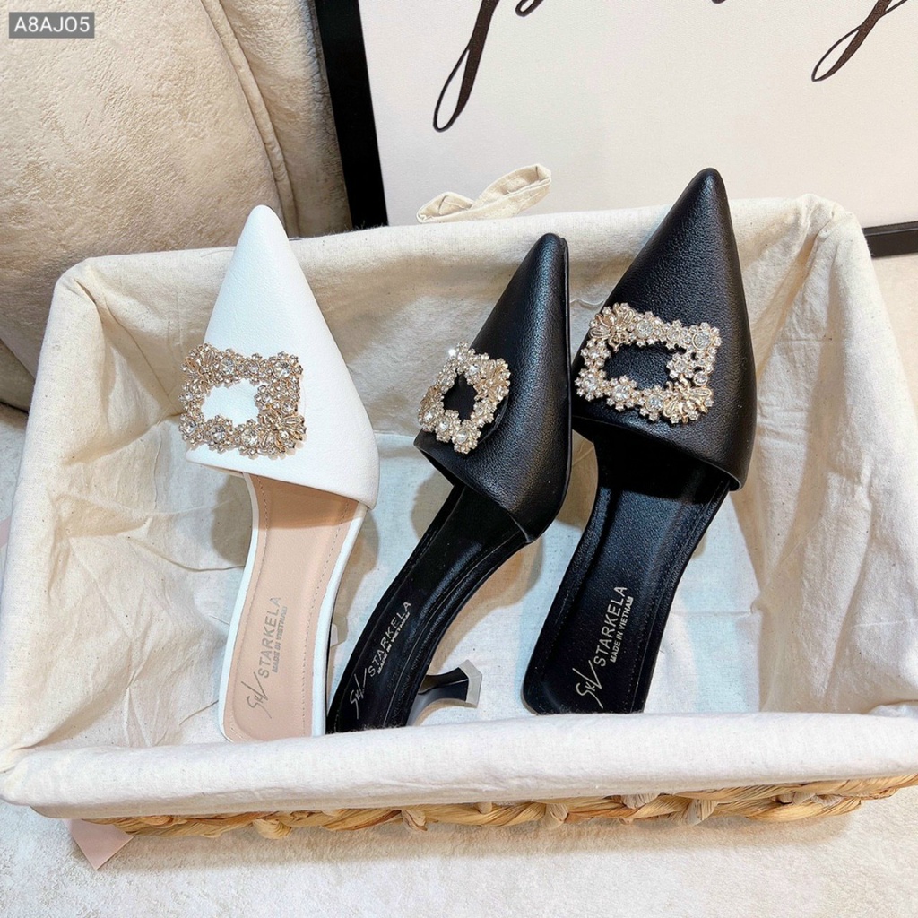 Sục Khóa Vuông Đính Đá Mũi Nhọn Gót Nhọn 5 Phân Chất Da Mịn Đẹp