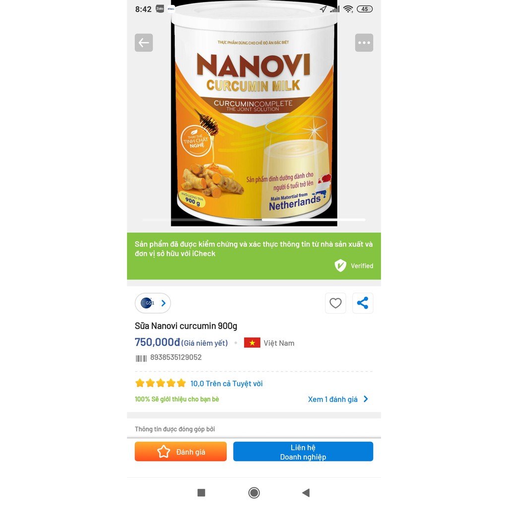 Sữa nghệ Nanovi [chính hãng] 900gr/hộp, date 2024