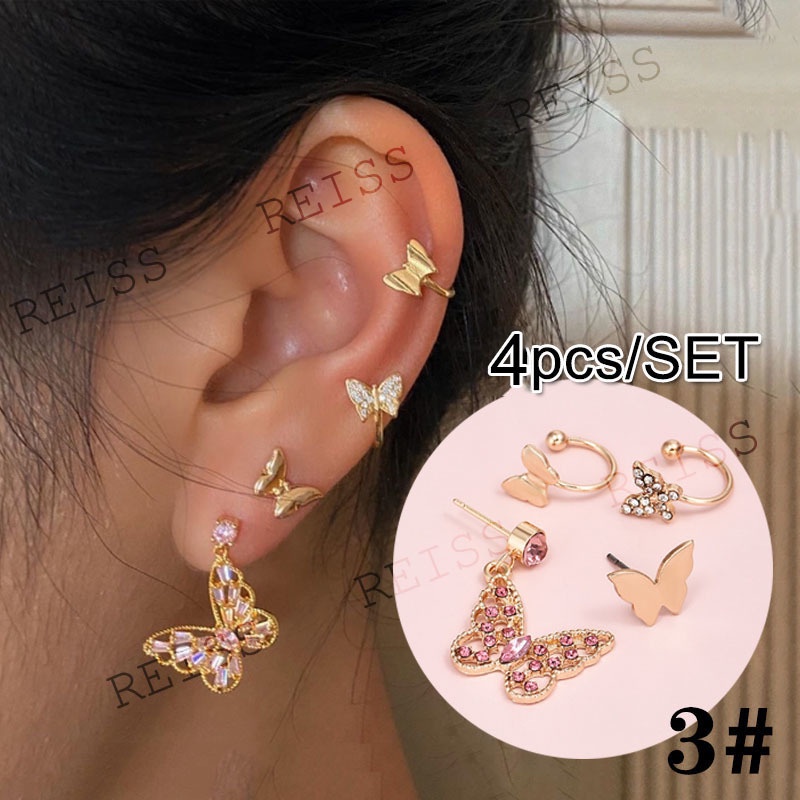 Bộ Khuyên Tai Tròn Mini Đơn Giản Màu Vàng/Bạc Họa Tiết Bướm/Bướm Đính Đá Dành Cho Nam Và Nữ