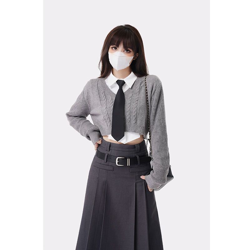 Set Áo Sơ Mi Xám Và Chân Váy Dài Lưng Cao Thời Trang Mùa Thu Cho Nữ