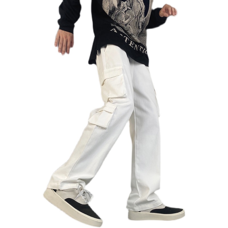 Quần Hiphop Ống Rộng Nhiều Túi Cotton Màu Trắng/Đen Thời Trang Cho Nam