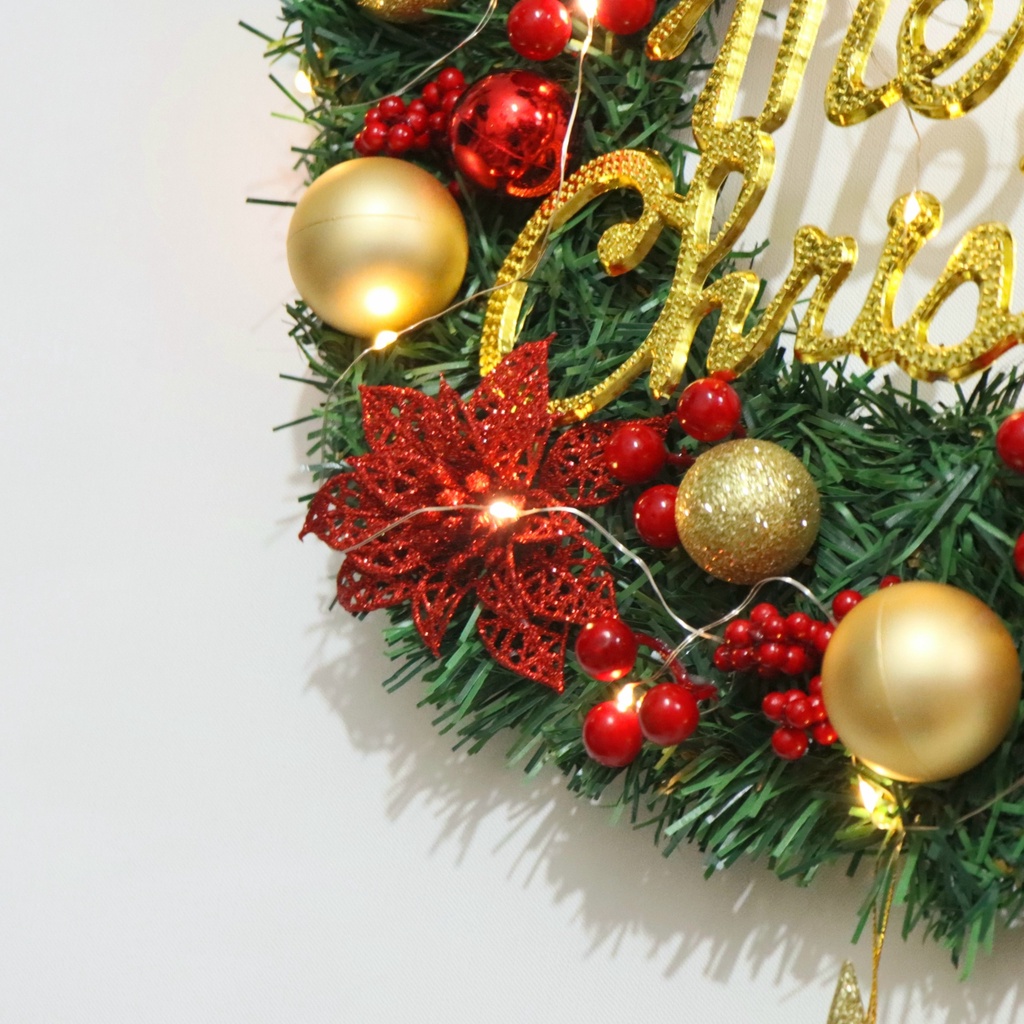 Vòng nguyệt quế vòng hoa noel mẫu D17 30CM (tặng kèm đèn)  trang trí giáng sinh, cây thông