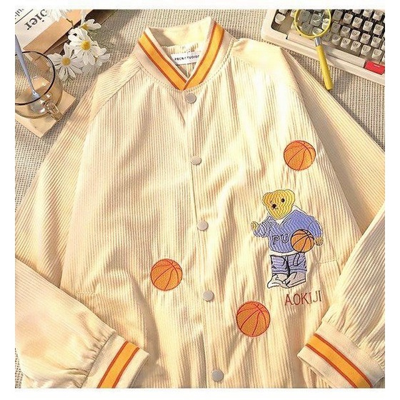 Áo khoác Nhung gân nữ nút bấm form rộng phối họa tiết CHÚ GẤU phong cách siêu đẹp giá rẻ TP581 [NewUnisex]