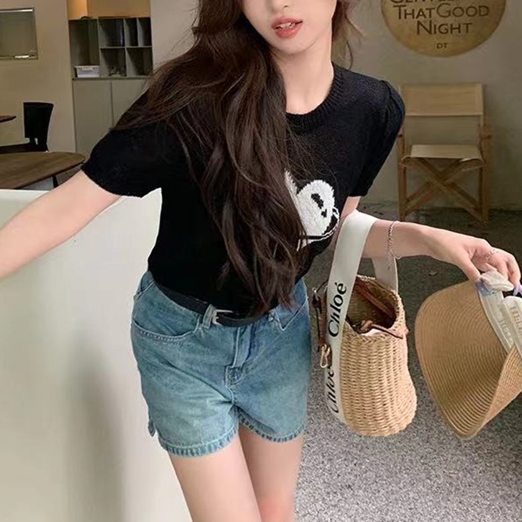 SUXI Áo Dệt Kim Tay Phồng Ngắn Dáng Ôm Phong Cách Vintage Thời Trang Cho Nữ