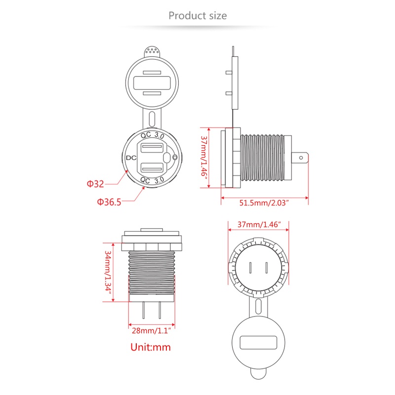 Tẩu Sạc Nhanh USB 3.0 12 / 24V Có Công Tắc Vôn Kế Cho Xe Hơi