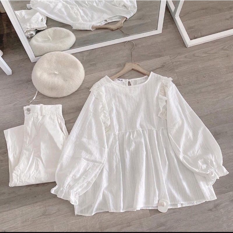 [Ảnh thật ] áo babydoll trắng viền ren bèo chun tay