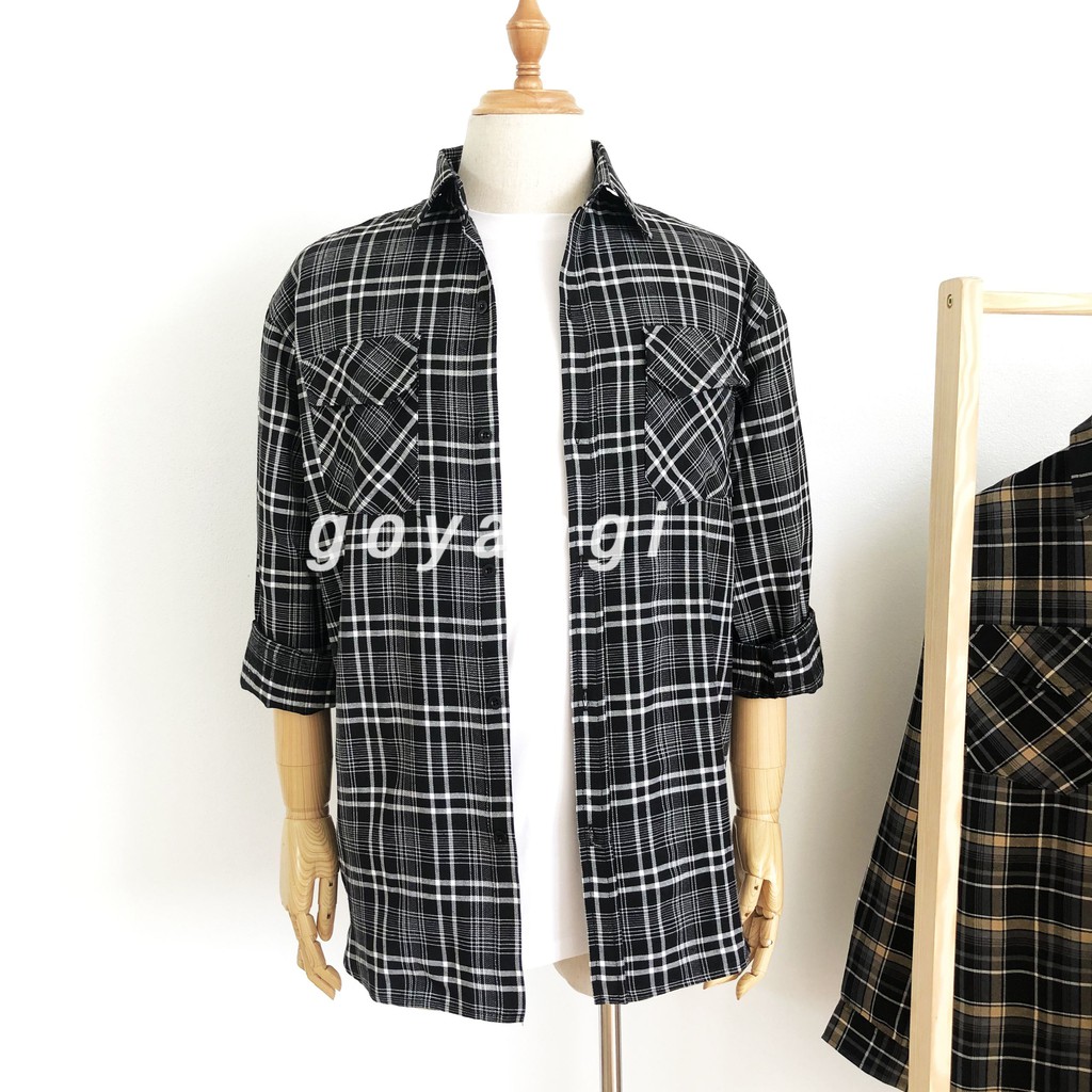 Áo sơ mi Flannel kẻ GOYANGI Unisex oversize form rộng cho cả nam và nữ phong cách Hàn Quốc