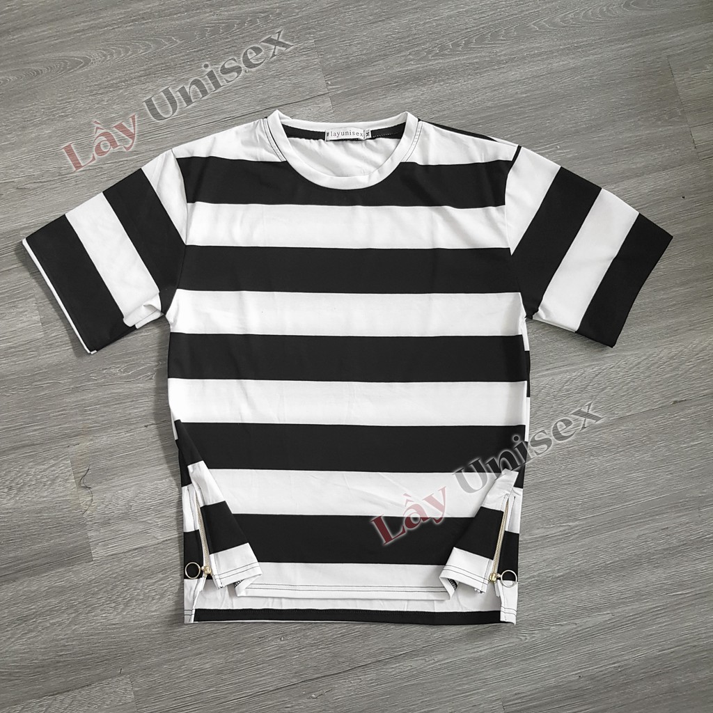 Áo thun unisex tay lỡ Sọc ngang vạt Sole phối Zip | BigBuy360 - bigbuy360.vn