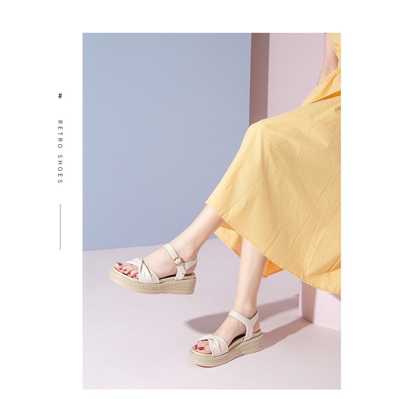 Giày Sandal đế xuồng nữ Dusto quai ngang đính nơ 5 Phân thời trang công sở đẹp cao cấp giá rẻ da mềm êm chân-DXDT03