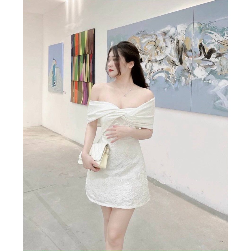 Đầm Dự Tiệc Dáng Ngắn Sexy Thiết Kế Trễ Vai Nơ Xoắn Chất Liệu Gấm Màu Trắng  | ROSE CLOTHING D0610