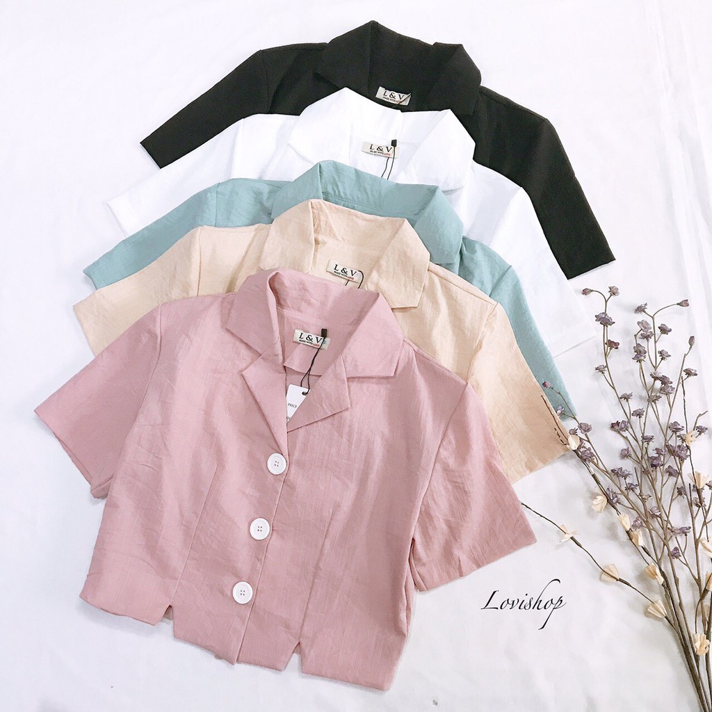 Áo sơ mi croptop cổ vest tay ngắn basic Lovi