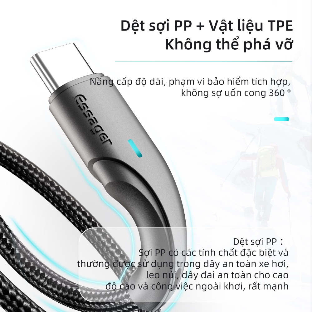 Dây cáp dữ liệu sạc nhanh Essager 3a loại c USB 0.25m/1m/2m/3m tùy chọn cho điện thoại di động Android