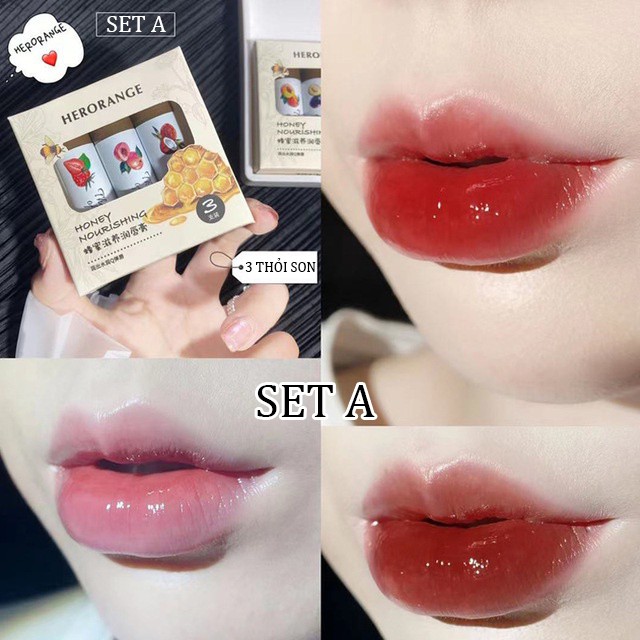 Son Dưỡng Môi HERORANGE [SET 3 SON] Chiết Xuất Trái Cây 3D Lâu Trôi - Sarah Beaute MP08