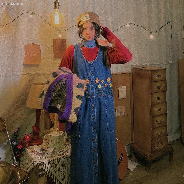 Đầm yếm denim thêu họa tiết phong cách Nhật Bản thời trang mùa thu dành cho nữ