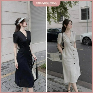 Đầm maxi cổ V cúc dừa dáng dài Vintage