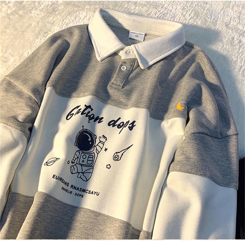 Áo thun cổ polo tay dài dáng rộng in chữ và hình thời trang mùa thu cho nữ