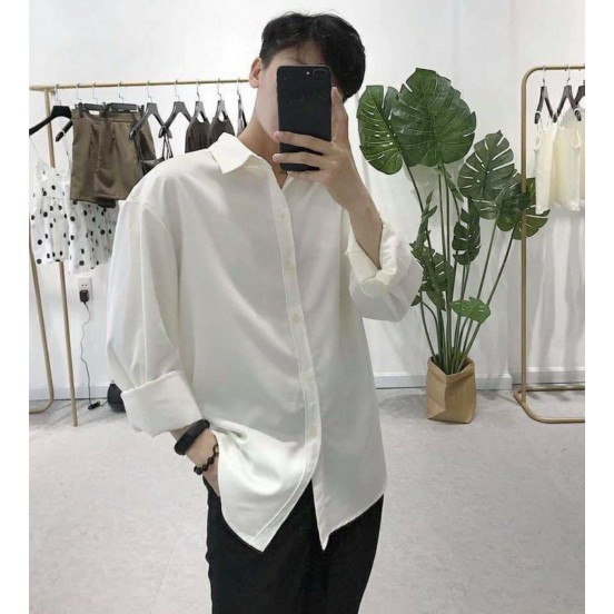 [Có size từ 35-75kg] ÁO SƠ MI NAM TRẮNG TRƠN BASIC UNISEX - ÁO SƠ MI NAM TÚI NGỰC FORM RỘNG DÀI TAY | BigBuy360 - bigbuy360.vn