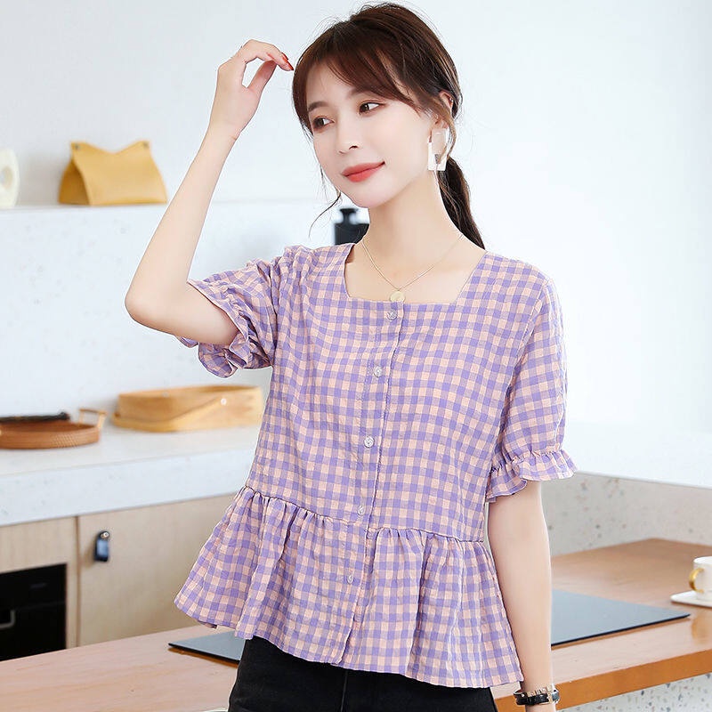 Áo Kiểu Cổ Vuông Tay Ngắn Dáng Rộng Chất Liệu Cotton Thời Trang Mùa Hè Phong Cách Hàn Quốc Cho Nữ