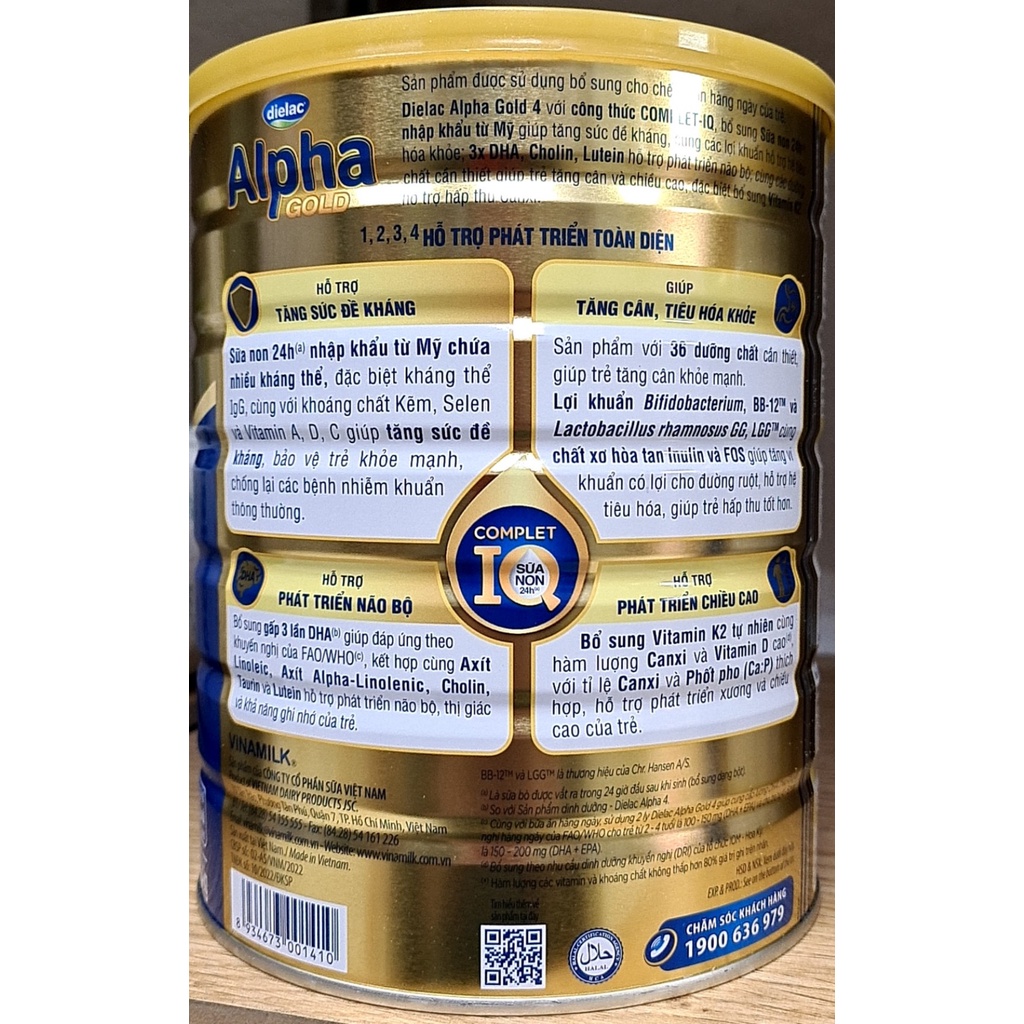 (Mẫu mới) Sữa bột Vinamilk Dielac Alpha Gold 4 sữa non 1400g (1kg4)