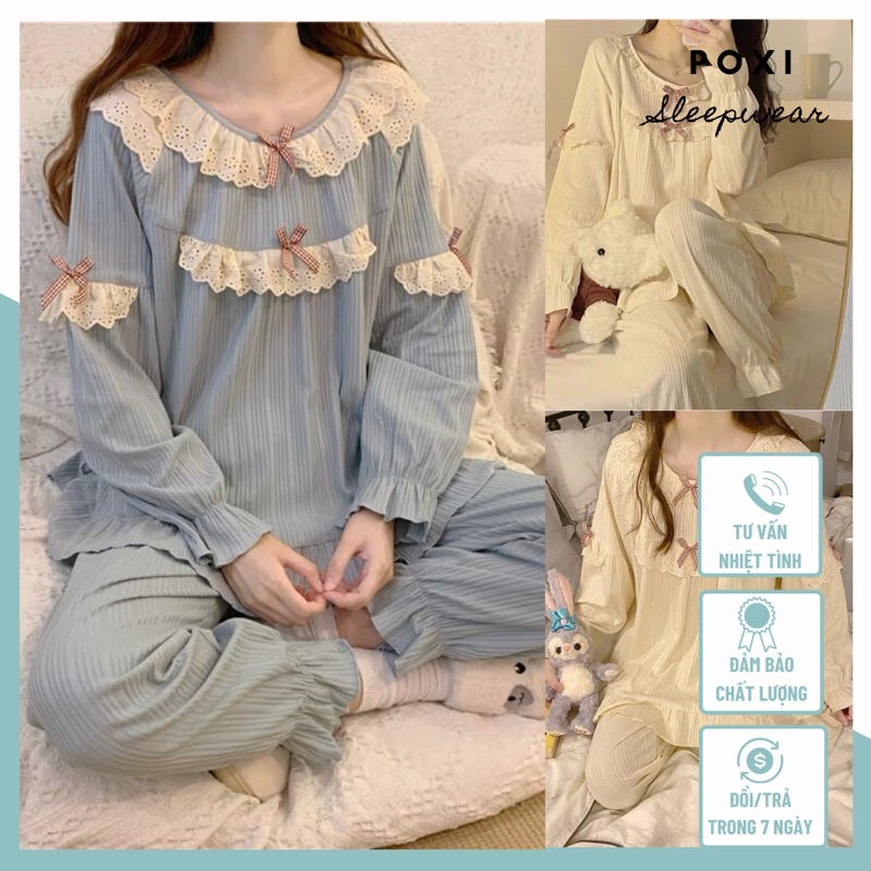 Bộ đồ ngủ nữ dài tay phối bèo bo chân style siêu dễ thương | BigBuy360 - bigbuy360.vn