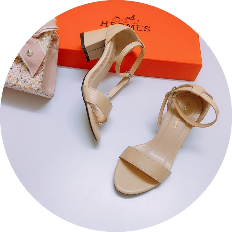 Giày sandal quai ngang da lì gót vuông 5p bít gót mũi tròn hàng đẹp-Ảnh chụp thật