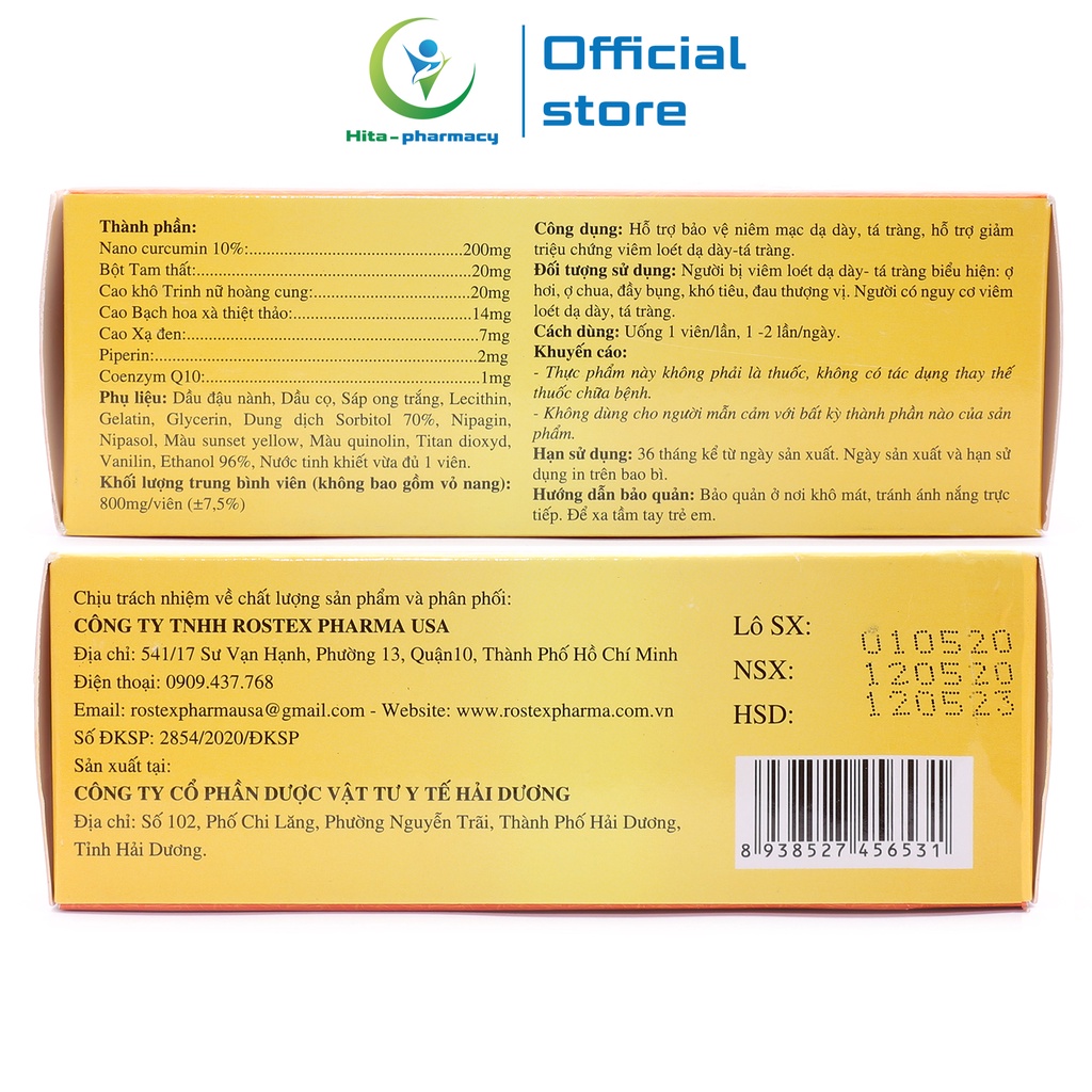 Viên nghệ Nano Curcumin Tex HDPHARMA Tam thất xạ đen giảm viêm loét dạ dày - 30 viên [Nano Curcumin Tex Vỉ]