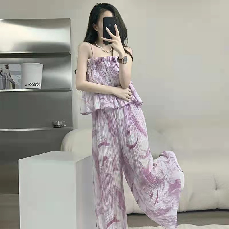 Set Đồ Mùa Hè 2 Món Gồm Áo Voan Nhuộm Tím Kèm Quần Ống Rộng Màu Tím Mới Cho Nữ