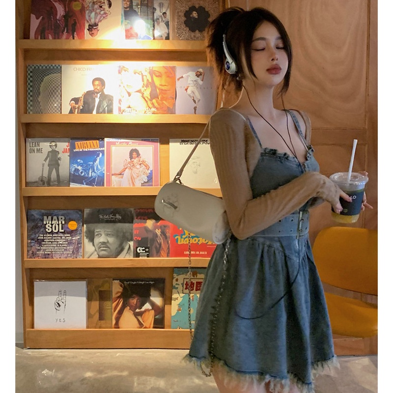 Set Đầm Denim Không Tay Và Áo Khoác Cardigan Mỏng Chống Nắng Thời Trang Cho Nữ