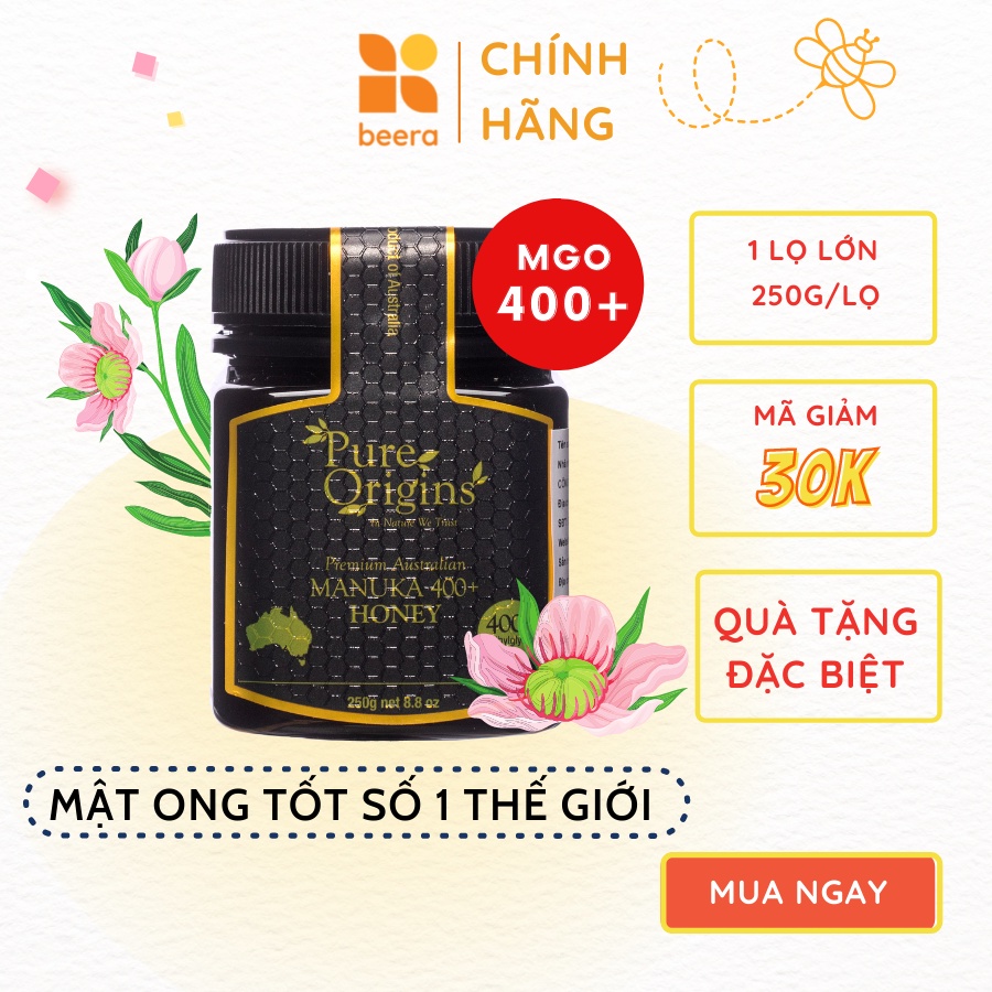 Mật Ong Manuka MGO 400+ Pure Origins Beera giảm viêm loét dạ dày, chữa lành vết thương, hỗ trợ tiêu hóa(250g)