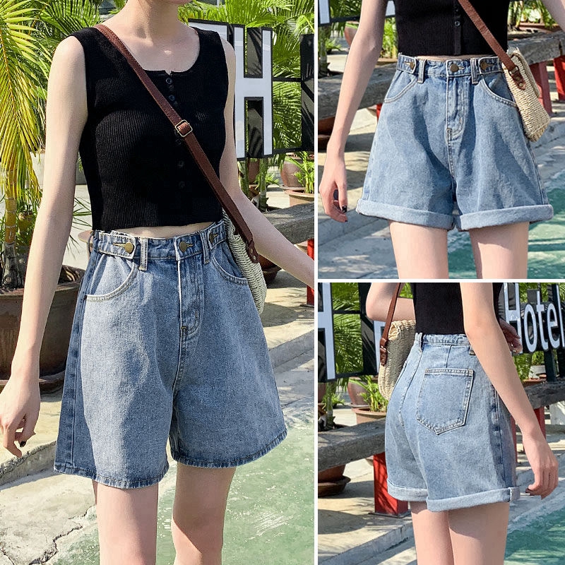 Quần Short Jean Lưng Cao Ống Rộng Thời Trang Mùa Hè Cho Nữ