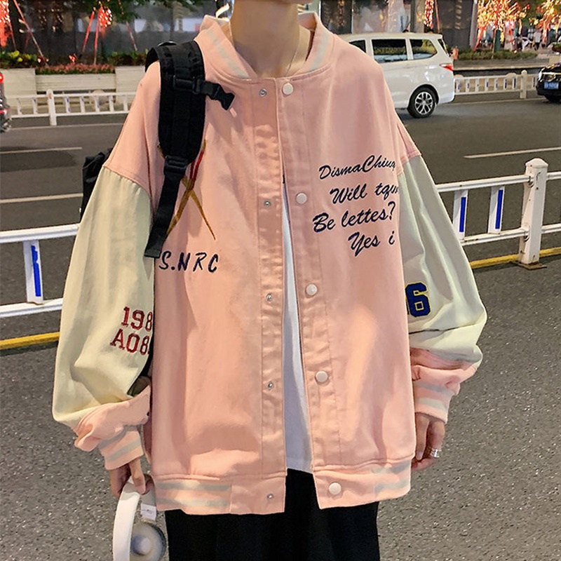 Áo khoác bóng chày cổ chữ V dáng rộng thêu họa tiết thời trang dành cho nam