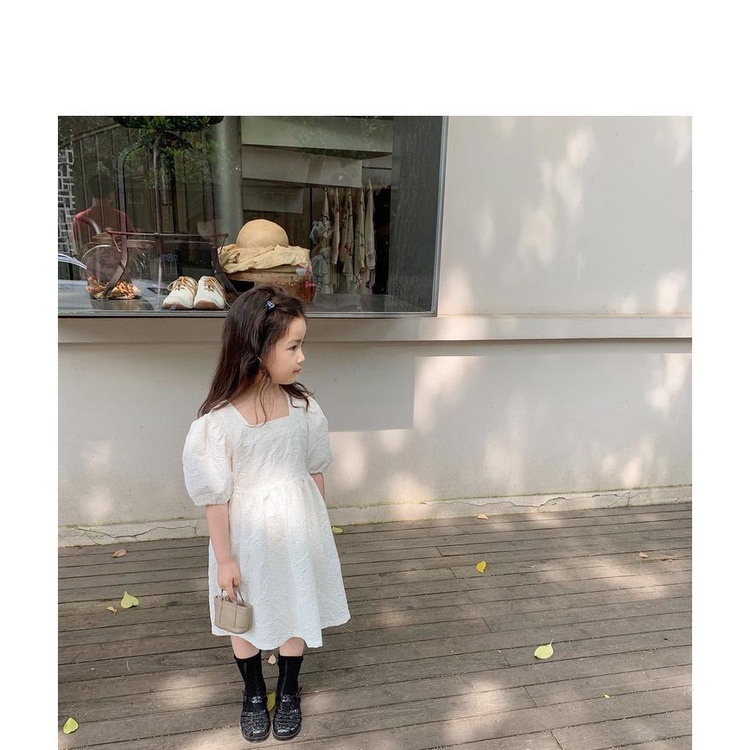 Đầm Cotton Trắng Cổ Vuông Dập Nổi Họa Tiết Búp Bê Thời Trang Mùa Hè Cho Bé Gái