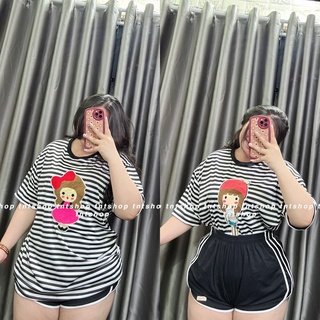 Áo thun nữ sọc thêu hình cô gái