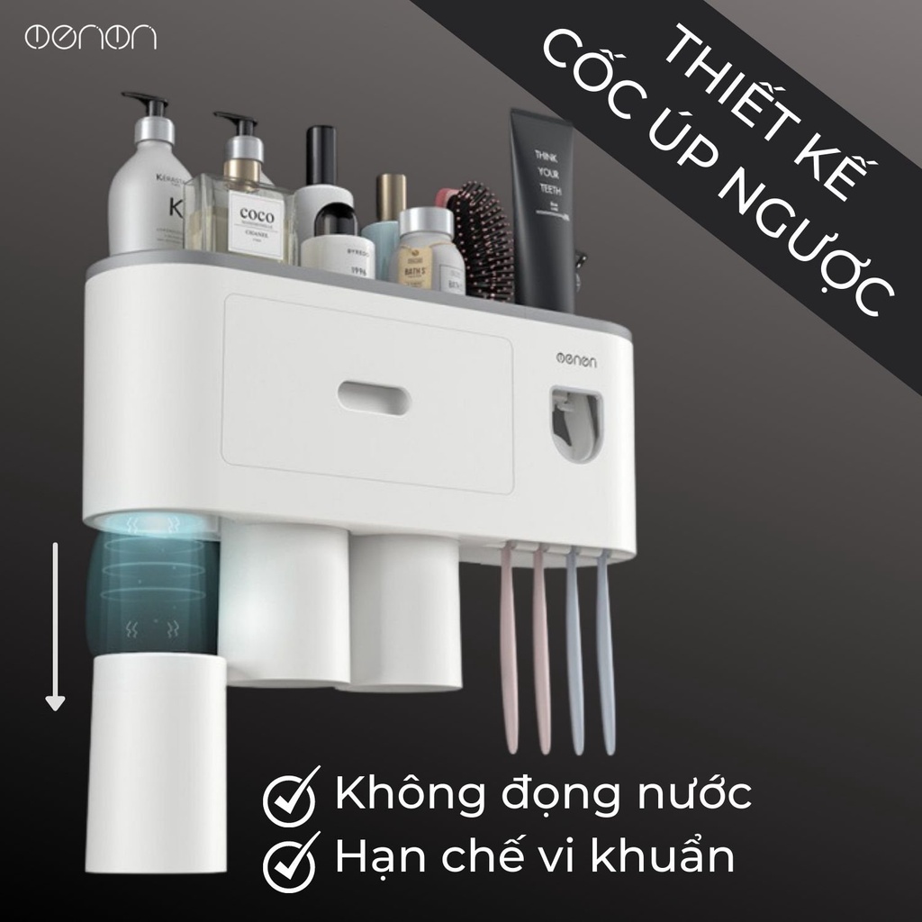 Bộ Nhả Kem Đánh Răng Thông Minh, Kệ Để Đồ Phòng Tắm Cao Cấp OENON Chính Hãng (Tặng Kèm Miếng Dán Tường)