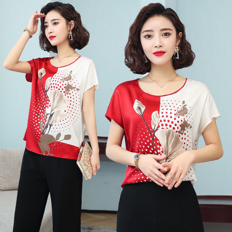Áo thun tay ngắn cổ tròn dáng rộng in họa tiết thời trang cho phụ nữ trung niên
