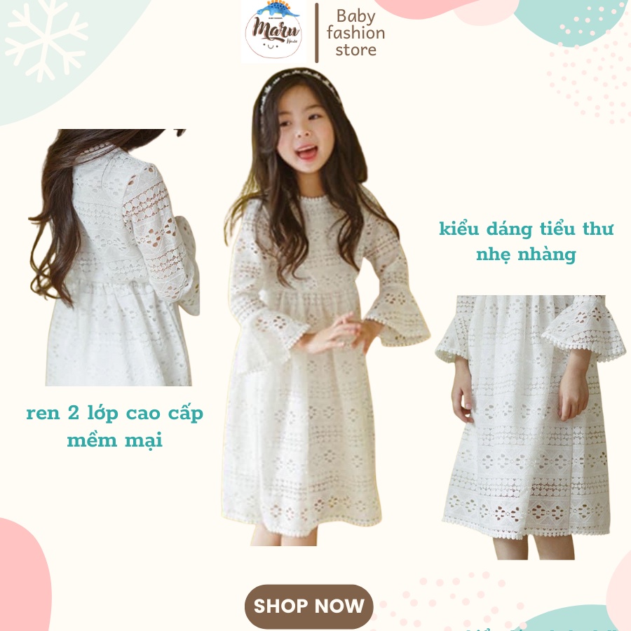 Đầm Trắng Cho Bé Tay Loe Dáng Dài Tiểu Thư Cực Xinh MARUHOUSE , Váy Ren 2 Lớp Cho Bé Gái Đi Tiệc Cao Cấp