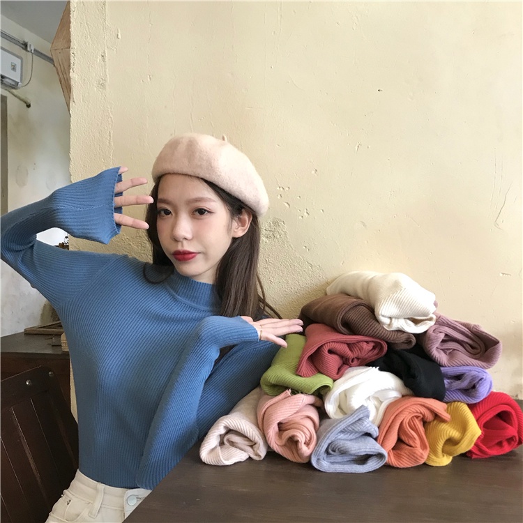 Áo sweater Zhelihangfei dệt kim ôm dáng dài tay cổ lọ trẻ trung cho nữ