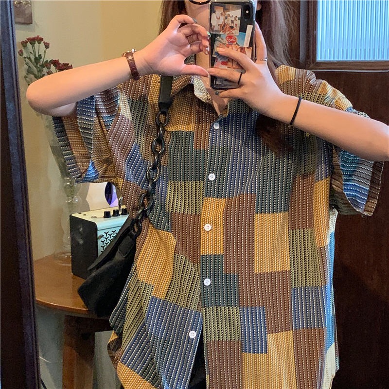 SUXI Áo sơ mi nữ tay ngắn rời dáng rộng thời trang mùa xuân phong cách Hàn Quốc Retro