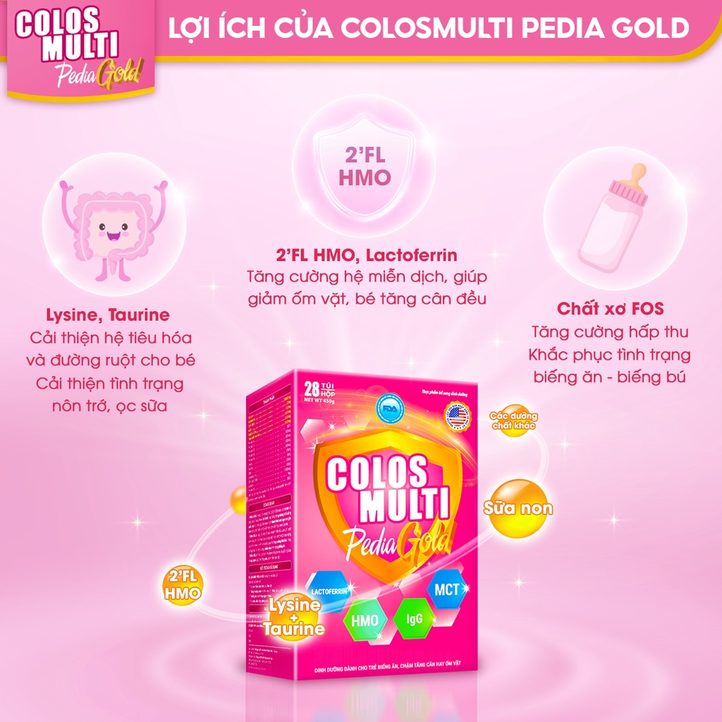 Sữa bột Colosmulti Pedia Gold hộp 28 gói x 16g chuyên biệt hỗ trợ giúp bé ăn ngoan