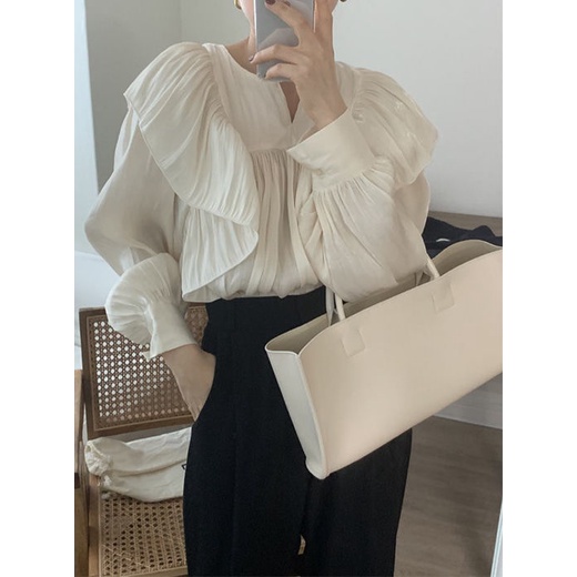 Áo sơ mi tay phồng màu trơn xếp ly thời trang thanh lịch