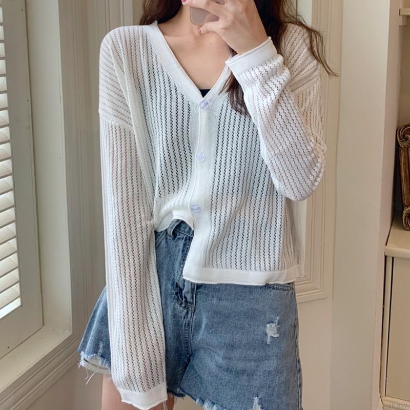 Áo Cardigan Dệt Kim Tay Dài Cổ Chữ V Màu Trơn Phong Cách Hàn Quốc Đơn Giản