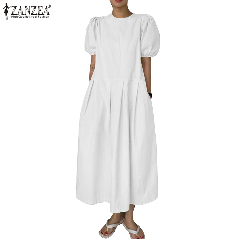 ZANZEA Women Puff Sleeve Side Zipper Pleated Loose Casual Long Dress
