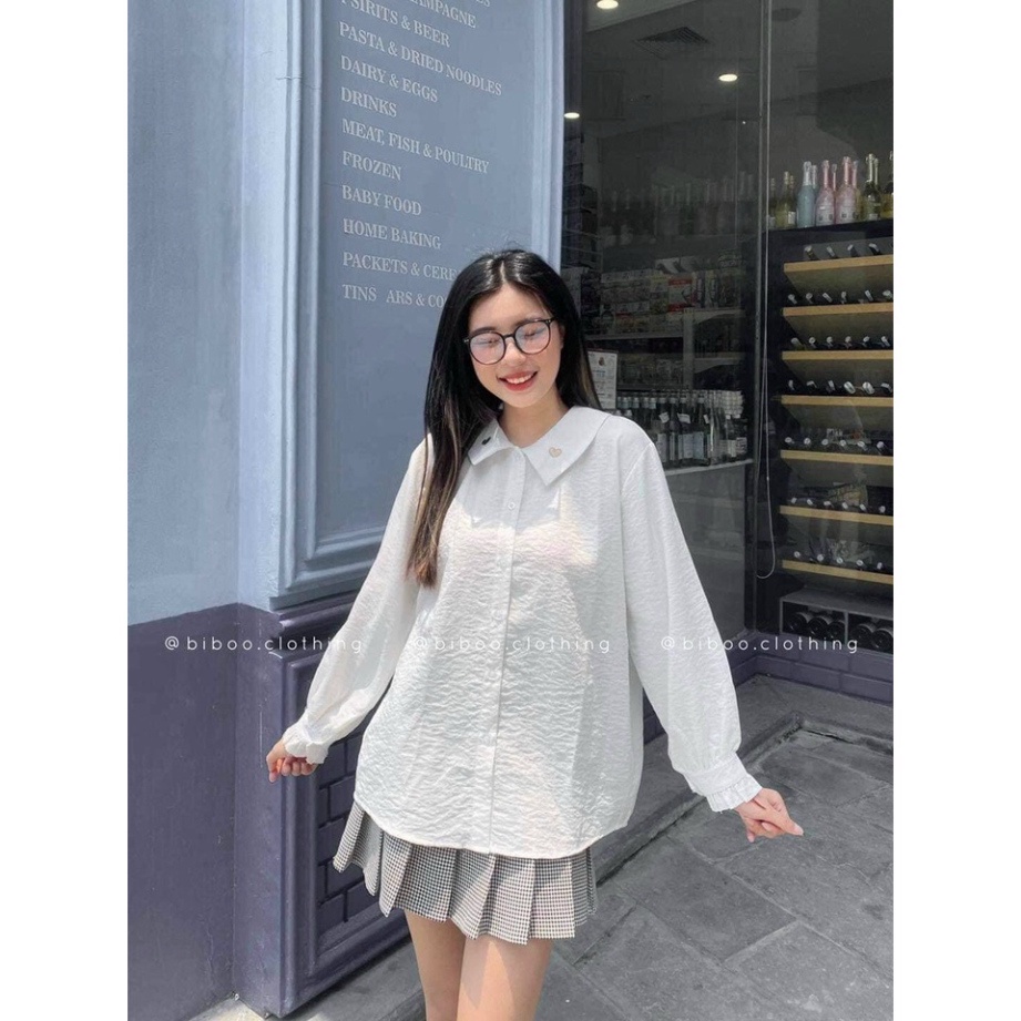 Áo sơ mi nữ dài tay form rộng thêu trái tim vải đũi 2 màu basic nội y xanh chất đẹp mầu trắng đen