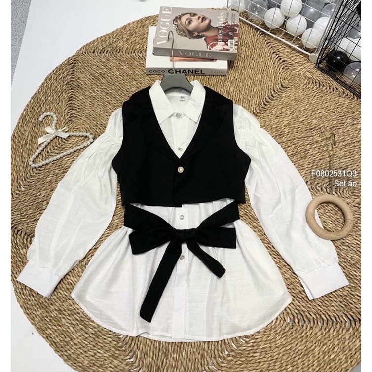 Set 3 áo sơ mi tay dài + áo khoác gilê nhung sát nách +,chân váy nhung xòe ngắn 0823 thaotranshop90