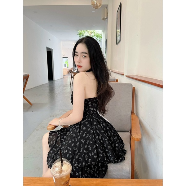 Đầm 2 Dây Xoè Hoa Nhí Cột Nơ Nữ Tính , Váy Hoa Nhí 2 Tầng EDA